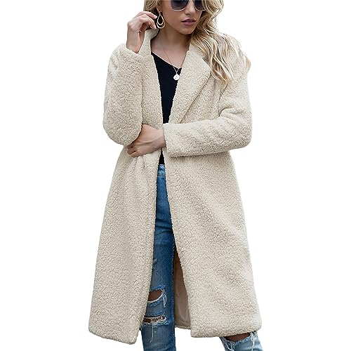 Damen Teddy Mantel Knielang Lammfleischjacke Mode Wintermantel Langarm Revers Faux Shearling Outwear (Beige,XL,XL) von Generisch