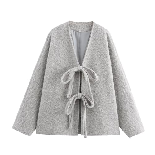 Damen Tie Front Bow Cardigan Peacoat Jacke 2024 Trendy Bow Sweater Batwing Oversized Winter Trenchcoats, Silbergrau, L von Generisch