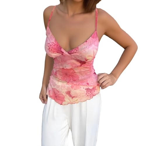 Damen Tops Ärmellose Träger-Tops Elegant Blumendruck Spaghetti Träger Tank Top Y2k Crop Top Sommer Slim Fit Oberteile von Generisch