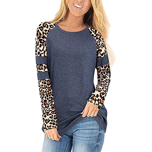 Damen Tops Leopardenmuster Farbblock Tunika Rundhals Langarm Shirts Gestreifte LäSsige Blusen Tops Sweatshirts Bluse (XL,Blau) von Generisch