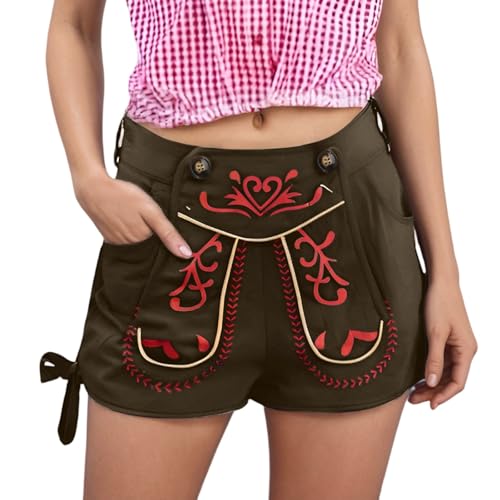 Damen Trachten Lederhose, Trachtenhose Kurze Hotpants Kniebund Hose für Rot Stickerei Oktoberfest andere Festlichkeiten,Vintage Bierfest Hotpants Mit Tasche Trachtenjeans Ledershorts. XL von Generisch