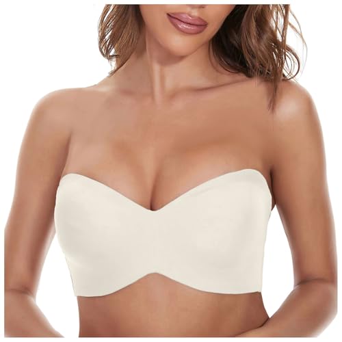 Damen Trägerloser BH ohne Bügel Bandeau BHS Vollschalen Rutschfester Unsichtbarer Gepolstert BH Push Up Bandeau Bügel BHS Weicher Bralette Bandeau Große Größen T-Shirt-BH Nahtlos Tube Top (White, 90C) von Generisch