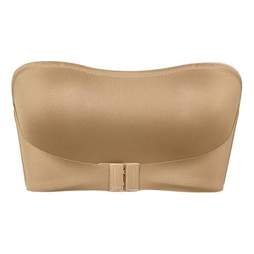 Damen Trägerloser BH ohne Bügel Push Up BHS ohne Träger Feste Polster Bandeau Top mit Transparente mit rutschfestem Frontverschluss Design Bra Einfarbig Leicht Bustier Khaki S von Generisch