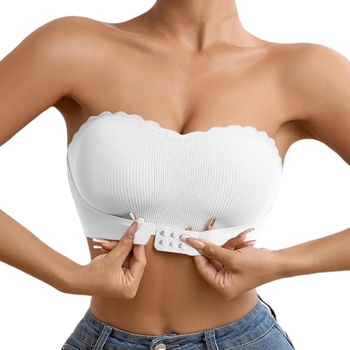 Damen Trägerloser BH ohne Bügel Push Up BHS ohne Träger Feste Polster Bandeau Top mit Transparente mit rutschfestem Frontverschluss Design Bra Einfarbig Leicht Bustier White M von Generisch