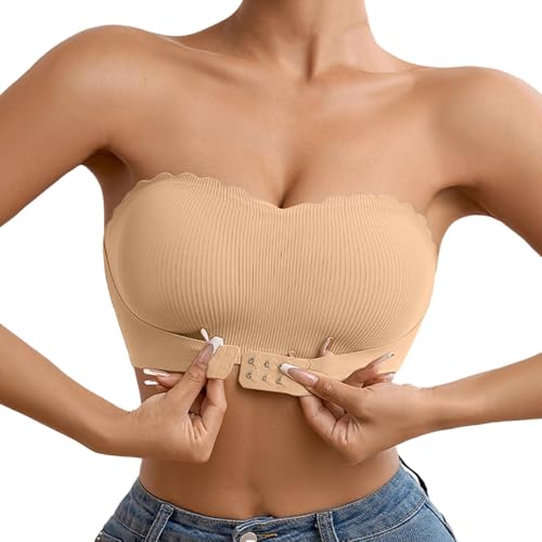 Damen Trägerloser BH ohne Bügel Push Up BHS ohne Träger Feste Polster Bandeau Top mit Transparente mit rutschfestem Frontverschluss Design Bra Einfarbig Leicht Bustier von Generisch