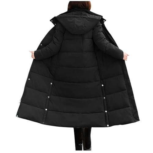 Damen Trenchcoat Lang Wintermantel mit Kapuze Taschen Winterjacke Modischen Steppmantel Einfarbig Jacke Reißverschluss Mantel (DE/NL/SE/PL, Alphanumerisch, M, Regular, Regular, Schwarz) von Generisch
