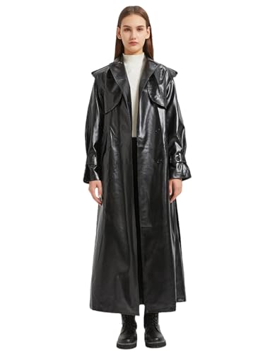 Damen Trenchcoat aus glänzendem Lackleder, extra lang, einreihig, Designer-Übermantel, Schwarz , XXL von Generisch