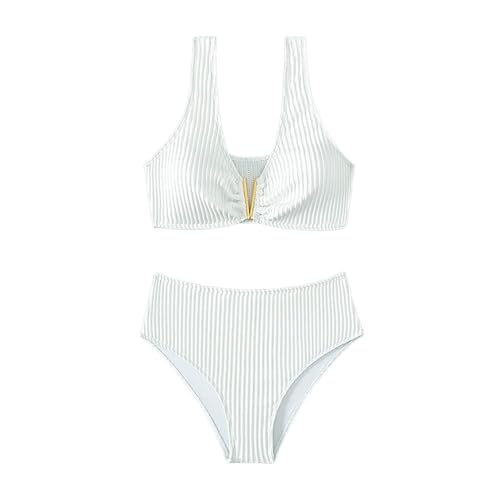 Damen Triangel Bikini Set Gold V Förmige Bikinioberteil Gerippte Elastische Bikini Bademode Gesmoktes Schwarz-Weiß Zweiteiler Badeanzug Bademode Swimsuit(Weiß, XL) von Generisch