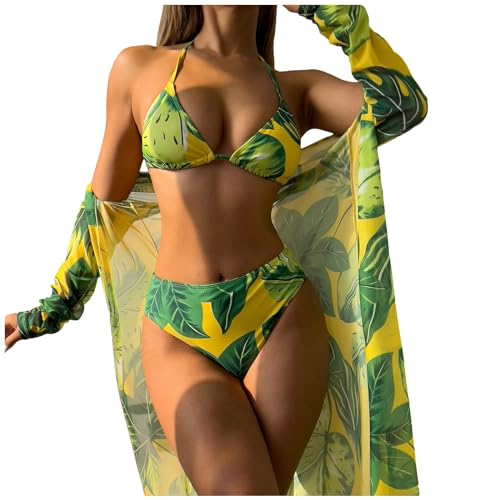 Damen Triangel Bikini Set mit Green Drucken Schalbluse Push up Verstellbar Ties-up Neckholder Bikinioberteil Gedruckt High Waist 3tlg Bikini Bademode Bauchweg Swimsuit Strandkleidung(Gelb, M) von Generisch