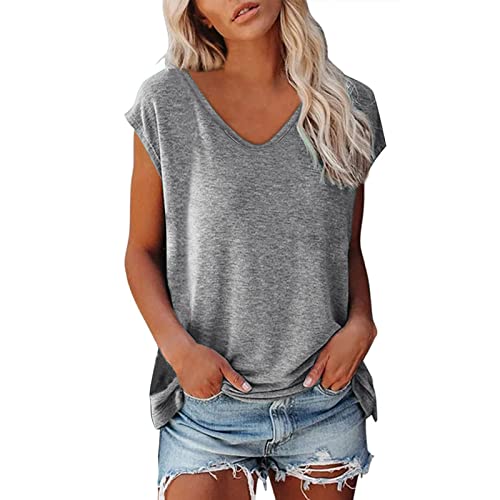 Damen Tshirt Kurzarm V-Ausschnitt Oberteile Tops Einfarbige Basic Casual Lose Tank Top Shirt Frauen Teenager Mädchen Klamotten Sommer Luftig Tshirts Damenmode Damentops Grau XL von Generisch