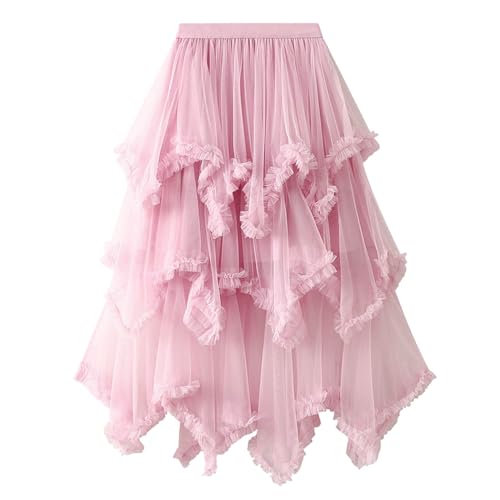 Damen Tüll Röcke High Low Layered Puffy Fee Röcke A-Linie Midi Rock Unregelmäßiger Tutu Rock Karnevalsrock mit Plissee Midi Elegant Festlich Faltenrock Sommer Karneval Kostüm (One Size) von Generisch