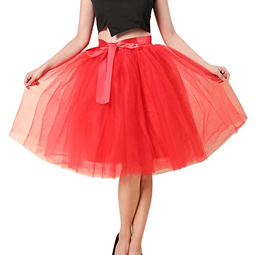 Damen Tüllrock Tutu Unterrock Kurz Retro Petticoat Für Karneval Rockabily Klied Knielang Damen Tüllrock Kurz Ballet Tanzkleid Unterrock Karneval Kostüm Faschingskostüme Tüllrock (Red-a, One Size) von Generisch