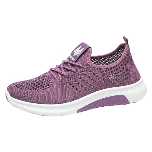 Damen Turnschuhe Casual Weiche Sneakers mit Schnürsenkeln Sommer Leicht Mesh Sneaker Unterstützung Bogen Gehen Geschlossene Wanderschuhe Atmungsaktive rutschfeste Sportgymnastik Slip-On, Violetta, 39 von Generisch