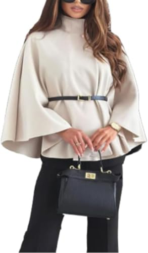 Damen Tweed Poncho Jacke Mode Revers Mit Gürtel Reversmantel Herbst Und Winter Warm Winddichter Mantel Elegant Business Einfarbig Street Coat (Khaki,L) von Hecatombic