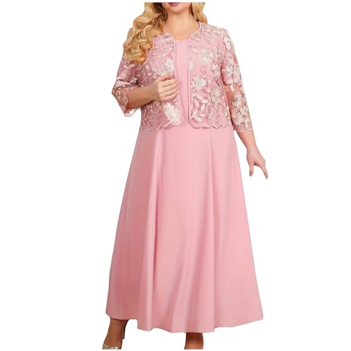 Damen Übergröße Kleider und Langarm Spitzenjacke 2 Stück Set Anzug Cocktail formelle Party Bleistiftkleid Damen Elegante Abendkleider Hohle Taille Kleid Abendkleid UK Größe L-5XL, rosa 1, 5XL von Generisch