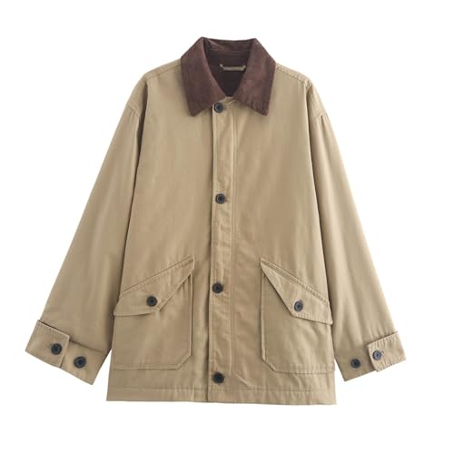 Damen-Übergroße Scheunenjacke, Kordsamt, Reverskragen, Knopfleiste, lässige Canvas-Jacke, Outwear, Damen-Cordjacke, khaki, M Damen-Übergroße Scheunenjacke, Kordsamt, Reverskragen, Knopfleiste, lässige Canvas-Jacke, Outwear, Damen-Cordjacke, khaki, M von Generisch