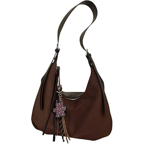 Damen-Umhängetasche aus Wildleder, Vintage-Crossbody-Tasche, Tragetasche mit Reißverschluss, verstellbarer Schultergurt und Anhänger, geeignet für den täglichen Pendler, Kaffee-Gürtel-Anhänger, 30*12 von Generisch
