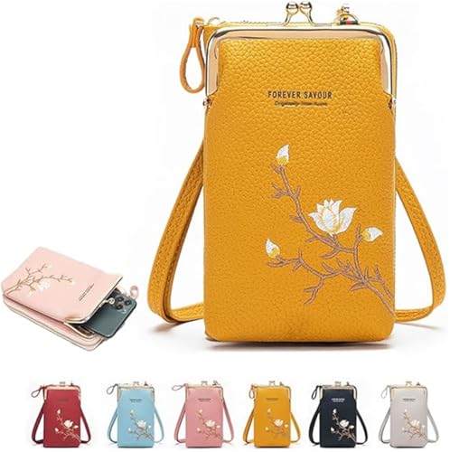 Damen-Umhängetasche mit Handyhalter, Handytasche mit Kartenfächern und mehreren Fächern (Gelb) von Generisch