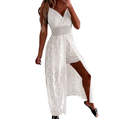 Damen V-Ausschnitt Ärmellos Strick Spitze Cutout Sling Maxikleid Rüschen Offener Rücken Unregelmäßiger Saum Partykleid Boho Hohe Taille Einfarbig Spitze Saum Strandkleid, S-XL (White, M) von Generisch