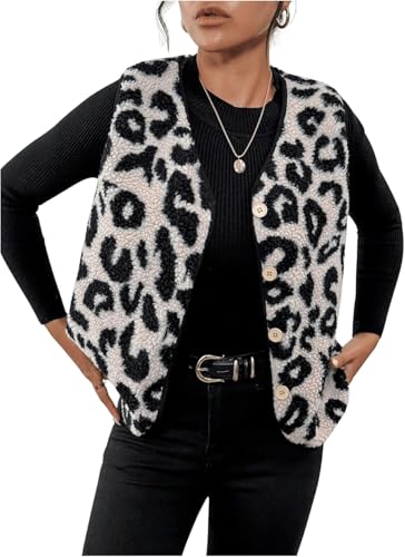 Damen V-Ausschnitt Knopf Plüsch Weste Mode Y2k Leopard Print Winter ärmellose Jacke Damen Reisen Vielseitig Trend Straße ärmellose Weste Jacke (Beige,S) von Hecatombic