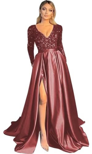 Damen V-Ausschnitt LangäRmelige Ballkleider FließEnde Satin-Brautjungfernkleider Mit Geschlitzten Pailletten Abendkleider Mit Tasche Burgundy 3XL von Generisch