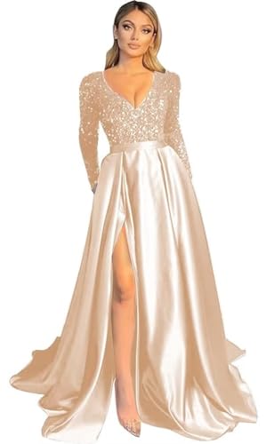Damen V-Ausschnitt LangäRmelige Ballkleider FließEnde Satin-Brautjungfernkleider Mit Geschlitzten Pailletten Abendkleider Mit Tasche Champagne Gold M von Generisch