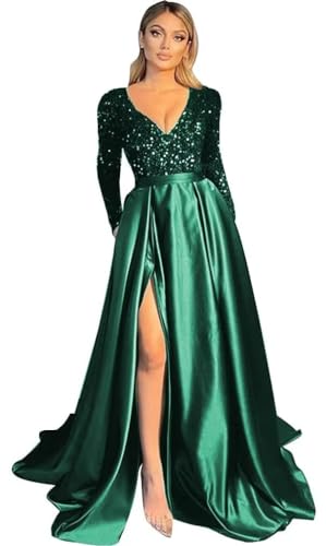 Damen V-Ausschnitt LangäRmelige Ballkleider FließEnde Satin-Brautjungfernkleider Mit Geschlitzten Pailletten Abendkleider Mit Tasche Dark Green 5XL von Generisch