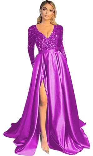 Damen V-Ausschnitt LangäRmelige Ballkleider FließEnde Satin-Brautjungfernkleider Mit Geschlitzten Pailletten Abendkleider Mit Tasche Fuchsia M von Generisch
