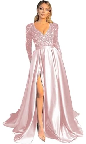 Damen V-Ausschnitt LangäRmelige Ballkleider FließEnde Satin-Brautjungfernkleider Mit Geschlitzten Pailletten Abendkleider Mit Tasche Pink 3XL von Generisch