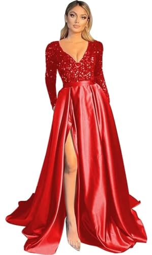 Damen V-Ausschnitt LangäRmelige Ballkleider FließEnde Satin-Brautjungfernkleider Mit Geschlitzten Pailletten Abendkleider Mit Tasche Red 4XL von Generisch