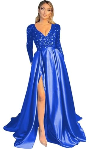 Damen V-Ausschnitt LangäRmelige Ballkleider FließEnde Satin-Brautjungfernkleider Mit Geschlitzten Pailletten Abendkleider Mit Tasche Royal Blue L von Generisch