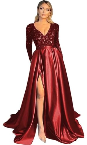 Damen V-Ausschnitt LangäRmelige Ballkleider FließEnde Satin-Brautjungfernkleider Mit Geschlitzten Pailletten Abendkleider Mit Tasche Wine Red XL von Generisch