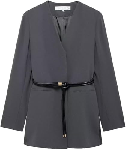Damen V Ausschnitt Mit Gürtel Blazer Klassisch Lose Lose Langarm Blazer Jacke Elegant Solide Farbe Mode Arbeit Anzug Jacke (Grau,XS) von Generisch