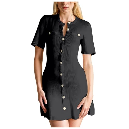 Damen V-Ausschnitt Pulloverkleid Strickkleid Rundhals Strickpullover Pullikleid Rollkragen Bodycon Sweater Dress Winterkleider A-Linie Minikleid Langarm Hohe Taille Pulli Kleid (Black, L) von Generisch