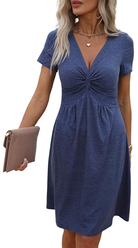 Damen V-Ausschnitt vorne geknotet ärmelloses Tankkleid Sommer Twist Front Casual A-Linie Midi Sommerkleid Elegant Tunika Strand, Kurzarm Blau, S von Generisch