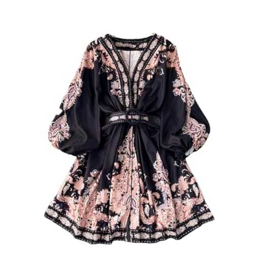 Damen Vintage Bedrucktes A-Linie Kleid Sommer Casual Langarm Einreiher Minikleid, Schwarz , XL von Generisch
