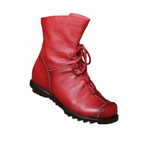 Damen Vintage Leder Stiefeletten Warm Kurze Booties Herbst Winter Casual Boots, rot, 39.5 EU von Generisch