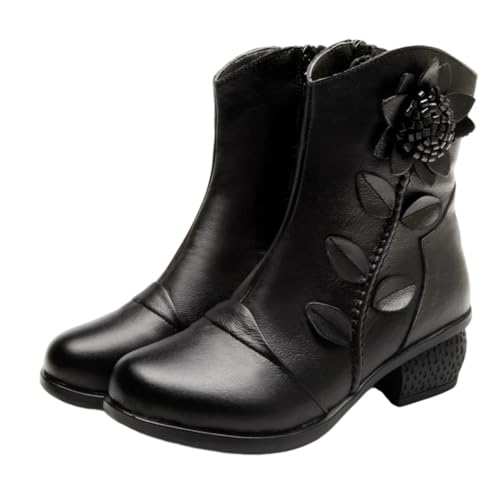 Damen Vintage Lederstiefel Niedriger Absatz Runde Zehen Winter Mode Freizeitschuhe, Schwarz , 41.5 EU von Generisch
