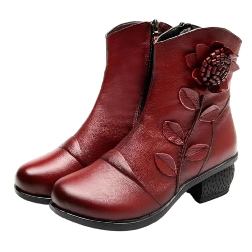 Damen Vintage Lederstiefel Niedriger Absatz Runde Zehen Winter Mode Freizeitschuhe, rot, 40.5 EU von Generisch