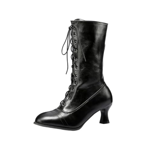 Damen Vintage PU Leder Stiefeletten Schnürstiefel Mid Heel Booties Winter Kleid Schuhe, Schwarz , 42 EU von Generisch