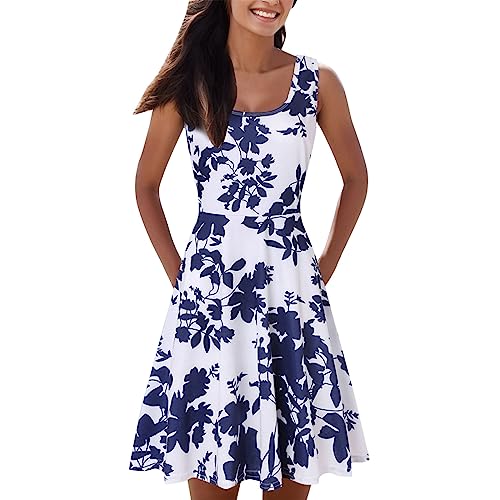 Damen Vintage Rundhalsausschnitt Blumen Knielang Elegant Kleid Freizeitkleid Boho Sommerkleid Ärmellos Lässig Blusenkleid Strandkleider Damenkleider Slim Fit Summer Dress For Women 00a Blau S von Generisch