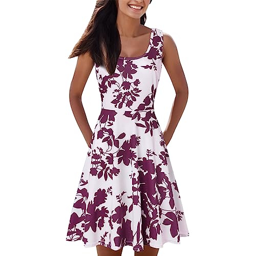 Damen Vintage Rundhalsausschnitt Blumen Knielang Elegant Kleid Freizeitkleid Boho Sommerkleid Ärmellos Lässig Blusenkleid Strandkleider Damenkleider Slim Fit Summer Dress For Women 00a Lila M von Generisch