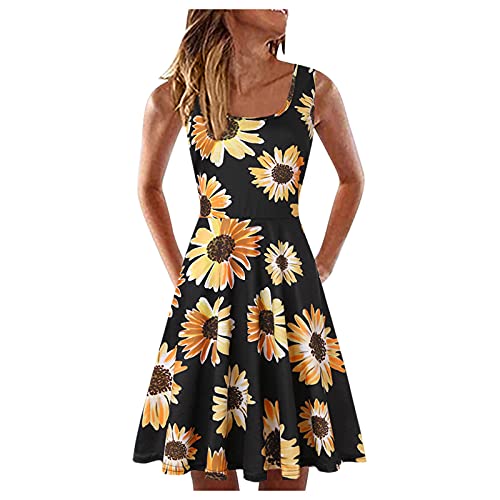 Damen Vintage Rundhalsausschnitt Blumen Knielang Elegant Kleid Freizeitkleid Boho Sommerkleid Ärmellos Lässig Blusenkleid Strandkleider Damenkleider Slim Fit Summer Dress For Women 00b Schwarz L von Generisch