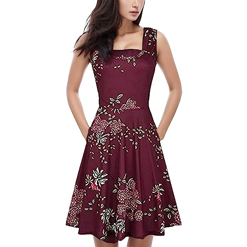 Damen Vintage Rundhalsausschnitt Blumen Knielang Elegant Kleid Freizeitkleid Boho Sommerkleid Ärmellos Lässig Blusenkleid Strandkleider Damenkleider Slim Fit Summer Dress For Women 00d Rot L von Generisch