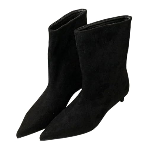 Damen Vintage Stiefeletten Spitz Zehen Niedriger Absatz Slip-On Frühling Herbst Warm Party Schuhe, Schwarz , 42.5 EU von Generisch