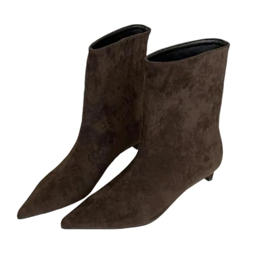 Damen Vintage Stiefeletten Spitz Zehen Niedriger Absatz Slip-On Frühling Herbst Warm Party Schuhe, coffee, 41 EU von Generisch