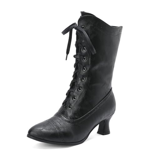 Damen Vintage Stil Kitten Heel Lace Up Viktorianische Stiefeletten Mandel Toe Kleid Pumps Warme Winterschuhe, Schwarz , 39 EU von Generisch