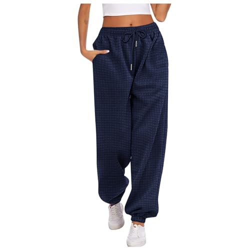Damen Warm Waffle Baggy Jogginghose Weit Hose Mit Gummizug Freizeithose Elastisch High Waist Lang Sportshose Weites Bein Trainingshose Sweathose Taschen Casual Hosen von Generisch