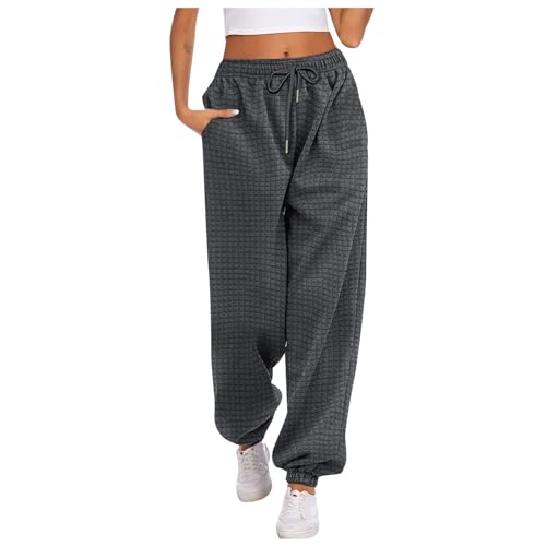 Damen Warm Waffle Baggy Jogginghose Weit Hose Mit Gummizug Freizeithose Elastisch High Waist Lang Sportshose Weites Bein Trainingshose Sweathose Taschen Casual Hosen von Generisch