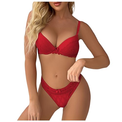 Damen Waschen Set Modische obere Stütze für Damen mit Kleiner Brust großem Stahlring, gerafft mit Brustpolster, Unterwäsche, Dreipunkt-Split-Stil, lustiges Set Dessous Set Rot (2-RD2, 85B) von Generisch